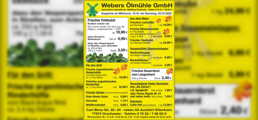 Neue Wochenangebote bei Webers Ölmühle – gültig ab 15.10 bis 25.10.2025